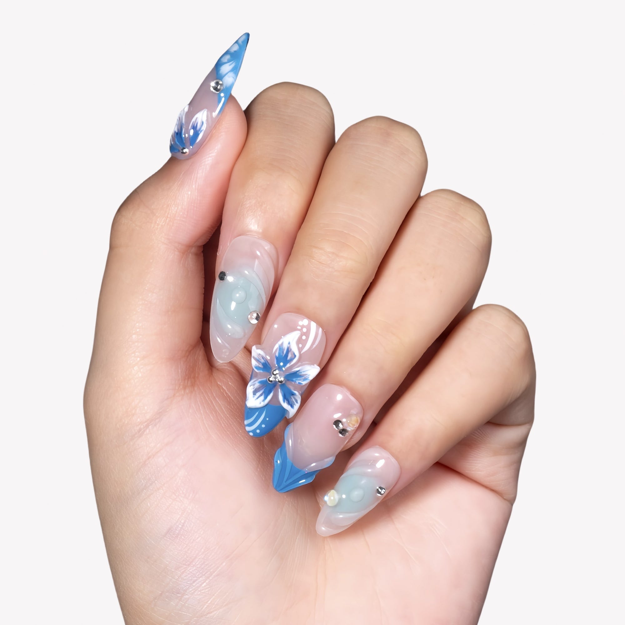 Azure Bloom Handmade Press On Nails