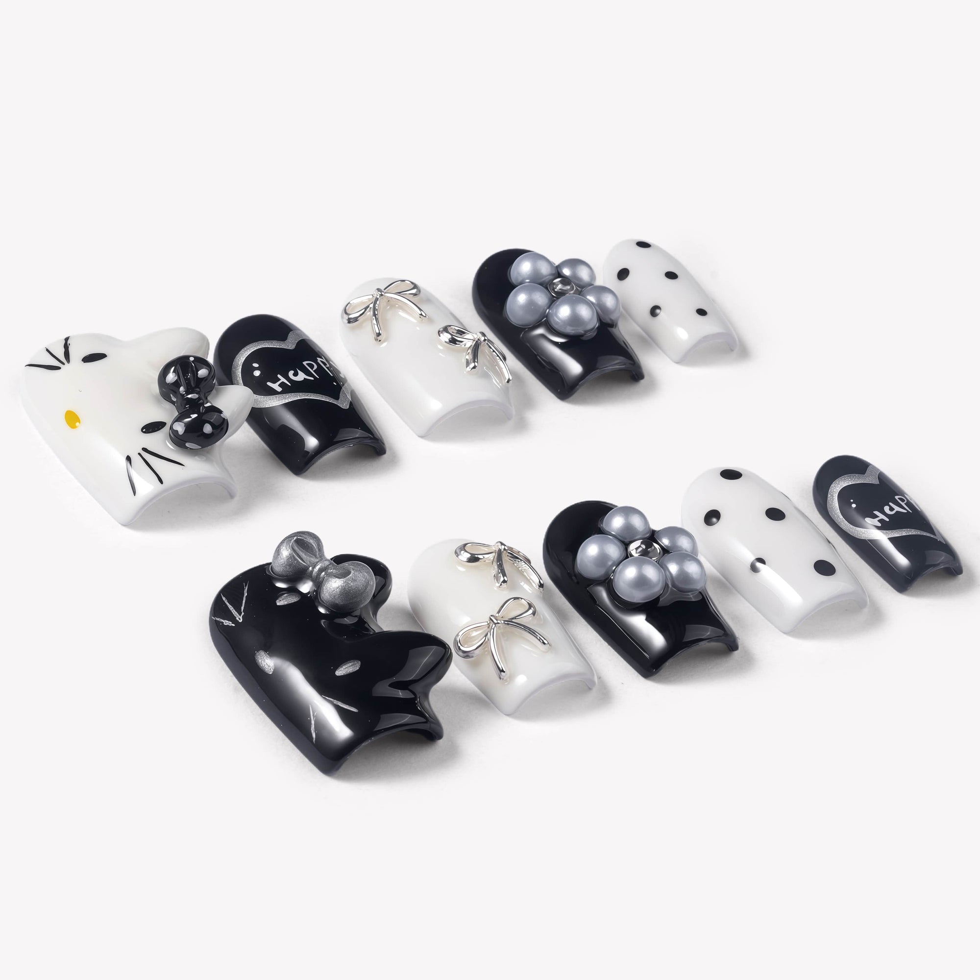 Monochrome Meow Handmade Press On Nails