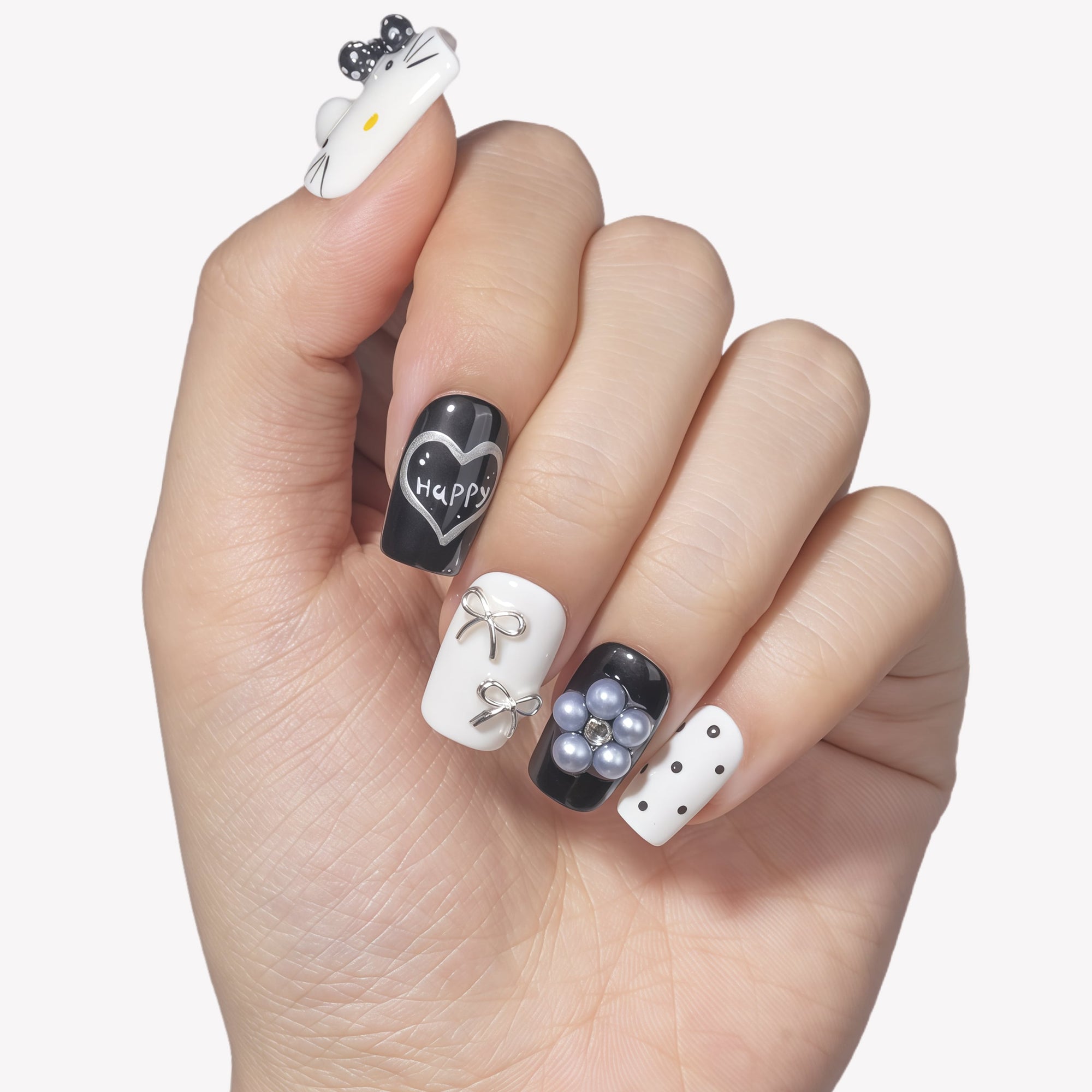 Monochrome Meow Handmade Press On Nails