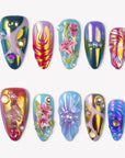 Aurora Petals iridescent multicolor press-on nails with pink flowers, sculpted swirls, pearls and jewel accents