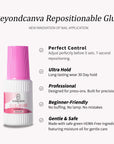 Beyondcanva repositionable nail glue infographic highlighting control, ultra hold and beginner-friendly use