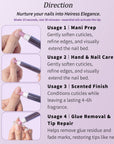 Direction infographic for Beyondcanva Total Repair Nail Pen showing use for mani prep, hand and nail care, scented finish, and glue removal