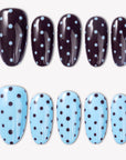 Choco Sky Dots press-on nails with glossy dark chocolate brown and sky blue bases plus contrasting polka dot designs