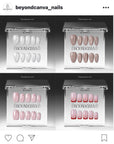Instagram-style social graphic showing four clear-box press-on nail sets in white, nude, pink, and red tones
