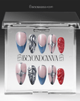 Packaging display of Liquid Mercury press-on nails in a clear Beyondcanva case with silver chrome, blue gray, nude pink, and red designs