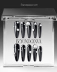 Louboutin Pearl Noir press-on nails displayed in a clear BeyondCanva case with glossy black finish and pearl embellishments