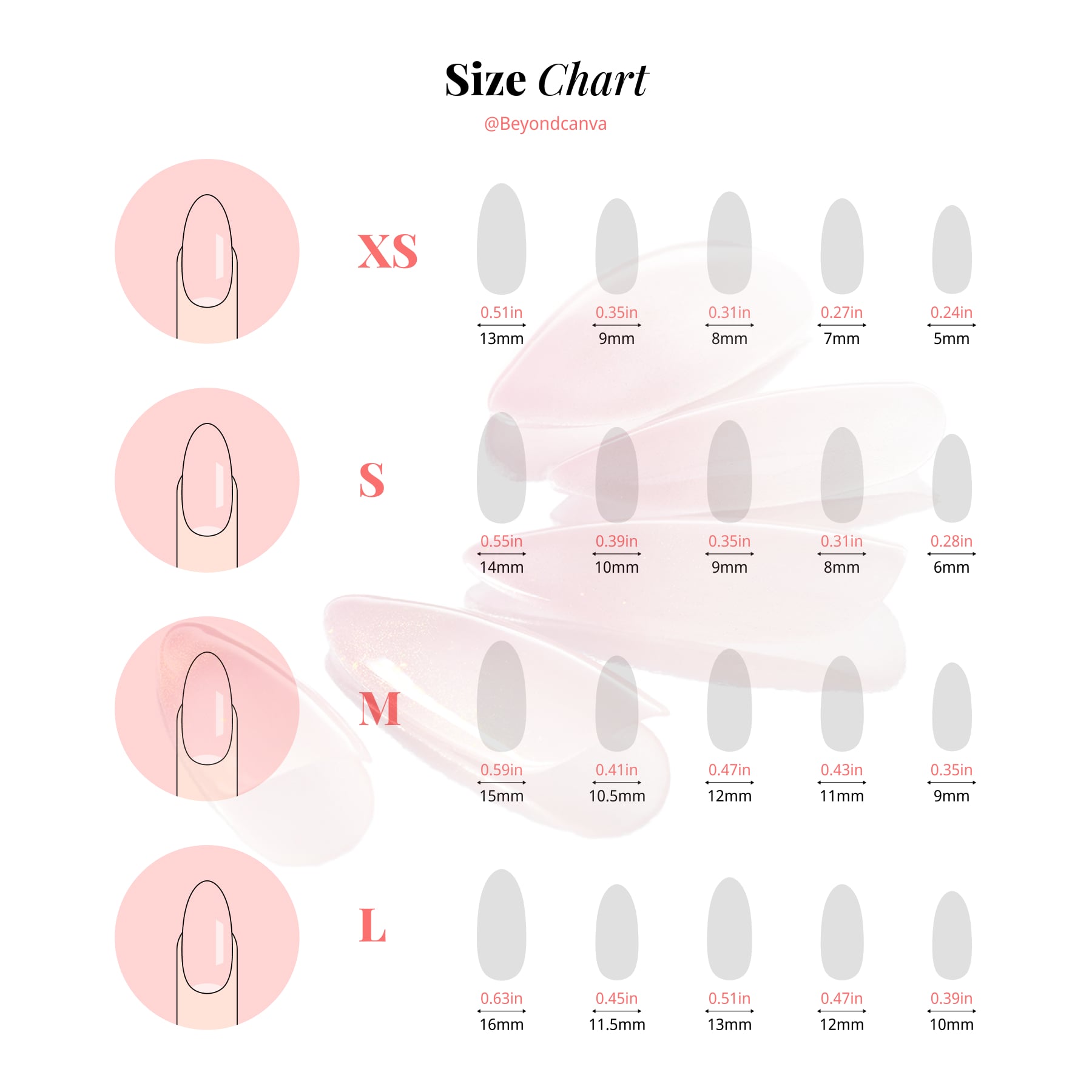 BEYONDCANVA size chart, providing detailed measurements for different sizes to help customers choose the perfect fit for their nails, ensuring a natural and comfortable look.
