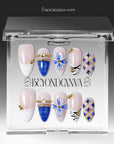 Packaging display of Porcelain Azure handmade press-on nails inside a clear box with BEYONDCANVA branding.