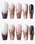 Rosegold Flutter press-on nails with burgundy, pink, and white glossy designs, rosegold butterfly charms, and rhinestone accents
