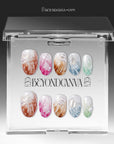 Clear BeyondCanva box displaying multicolor pearl-textured press-on nails with shell-like finish.
