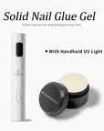 Beyondcanva solid nail glue gel set with a black gel jar and white handheld UV light