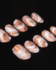 Flat lay of brown and white shell-pattern press-on nails on a black background.