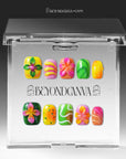 Tropical Jelly Bloom press-on nails displayed in a clear Beyondcanva packaging case with colorful floral nails inside