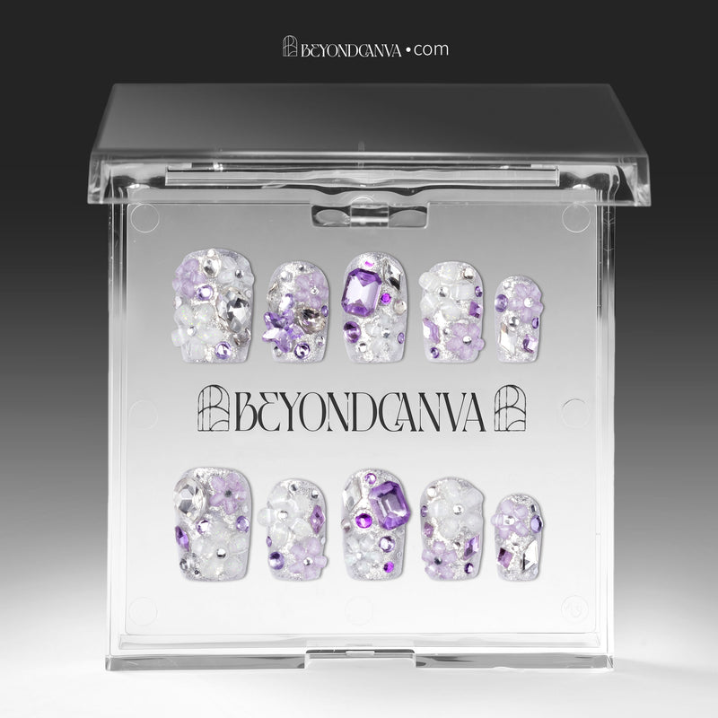 Violet Crystal Blossom Handmade Press On Nails