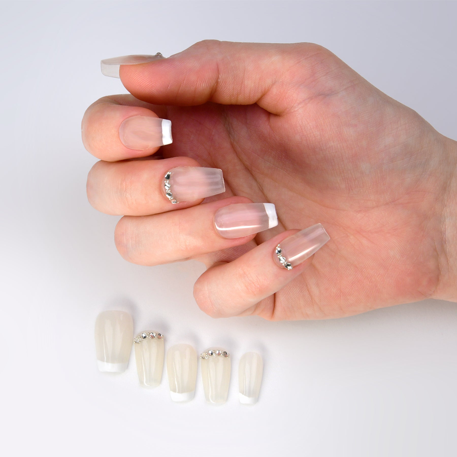 French White Acrylic Medium Coffin Diamond Handmade Press On Nails BEYONDCANVA