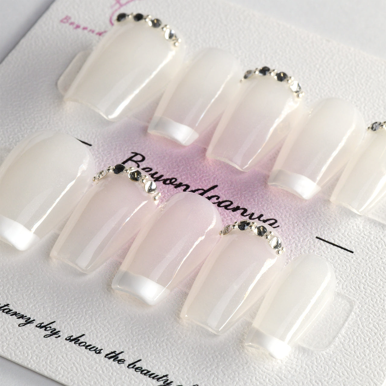 Elegant White Acrylic French Medium Coffin Diamond Handmade Press On Nails BEYONDCANVA