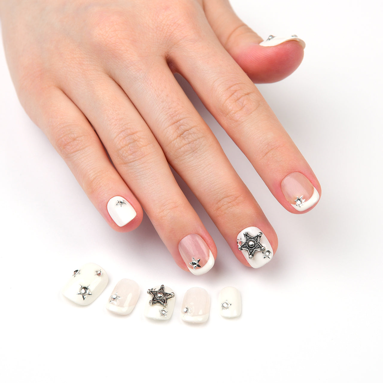 French Antique Stars Squoval Short Arcylic Handmade Press On Nails With Pearls -BEYONDCANVA