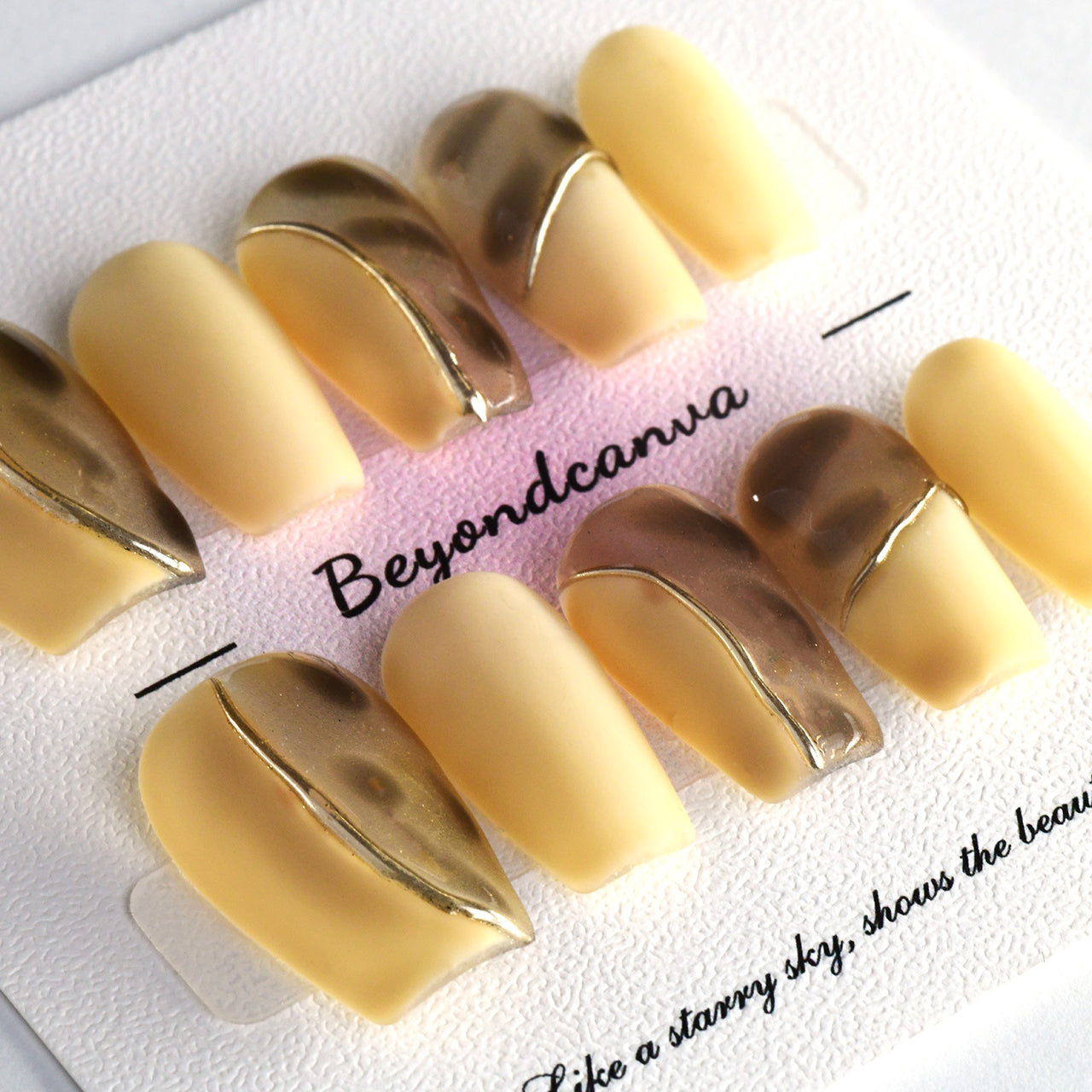 Exquisite Yellow Nude Medium Coffin Handmade Press On Nails With Golden Links-BEYONDCANVA