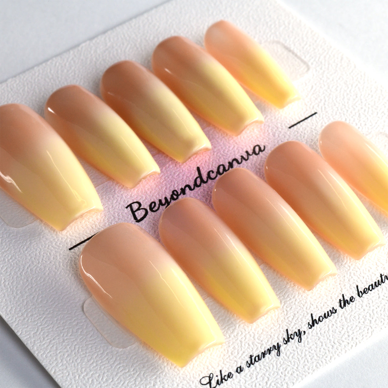 French Yellow Pink Acrylic Long Coffin Glossy Handmade Press On Nails BEYONDCANVA