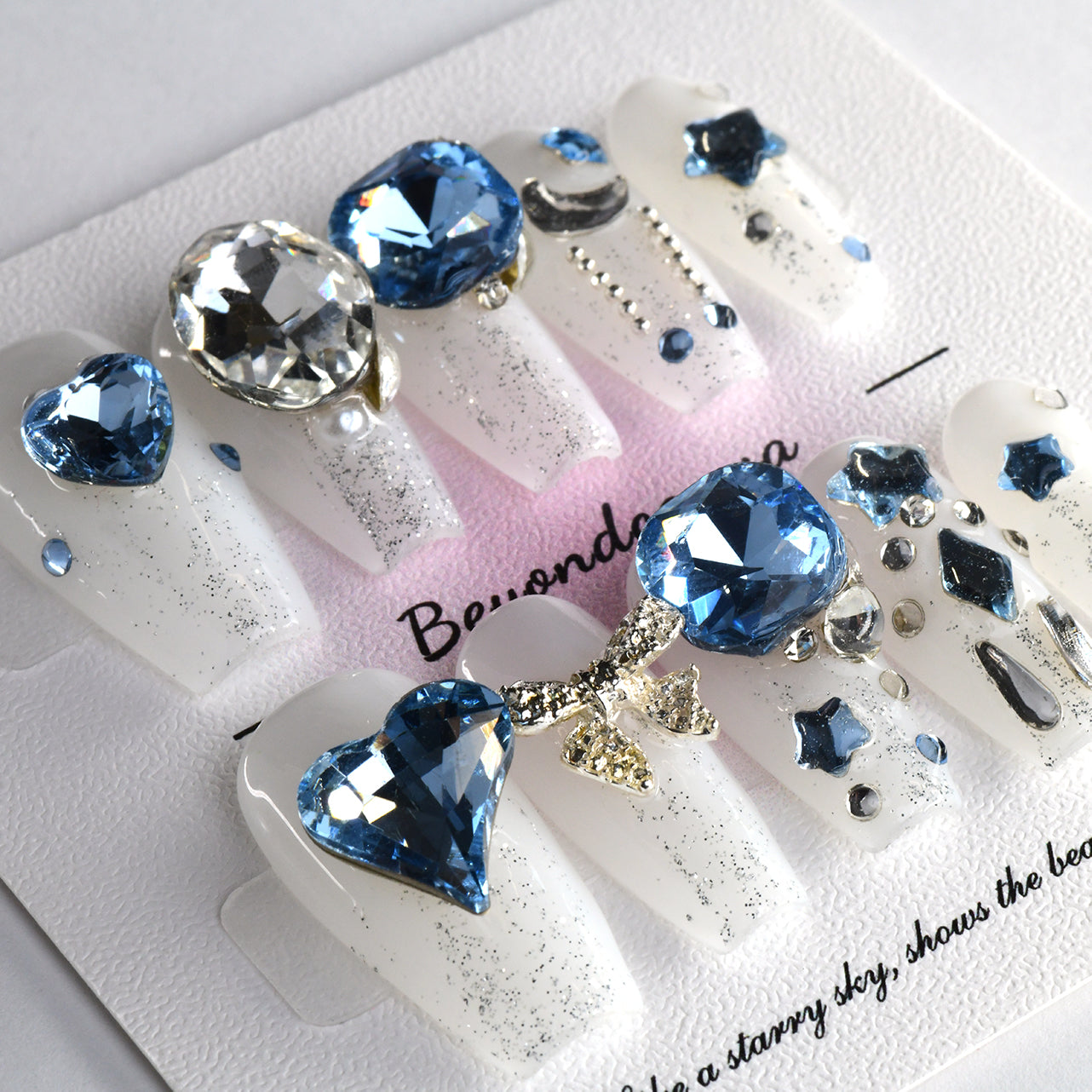 Exquisite Blue Coffin Long Handmade Press On Nails With Rhinestones-BEYONDCANVA