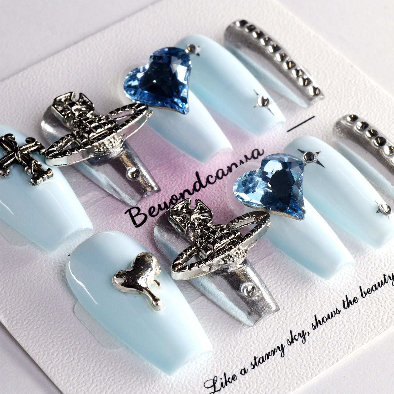 Elegant Glossy Blue Acrylic Long Coffin Rhinestones Handmade Press On Nails BEYONDCANVA