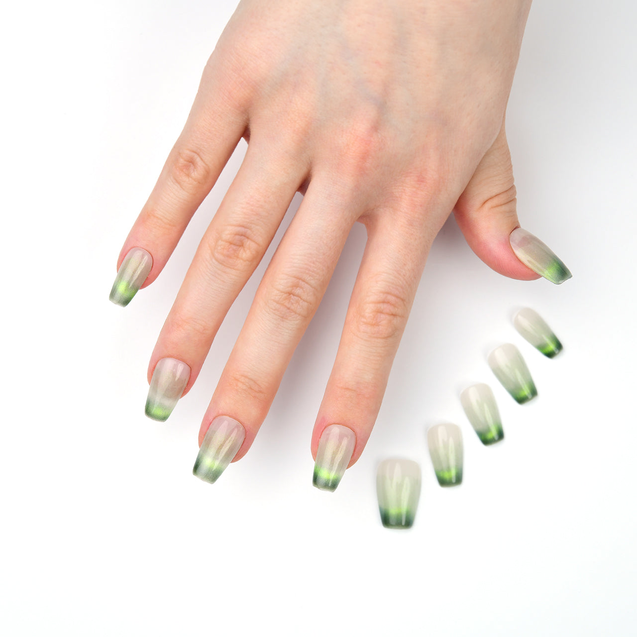 French Ombre Green Acrylic Medium Coffin Glitter Handmade Press On Nails BEYONDCANVA