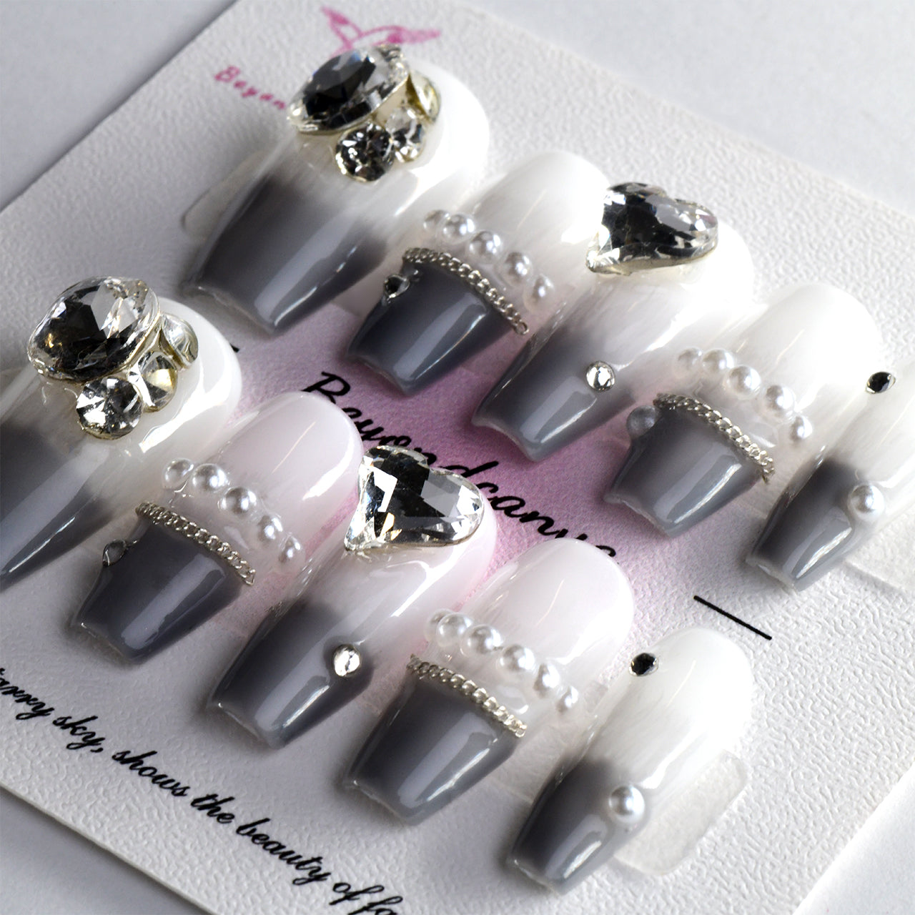  Grey Acrylic Long Coffin Glossy Diamond Handmade Press On Nails BEYONDCANVA