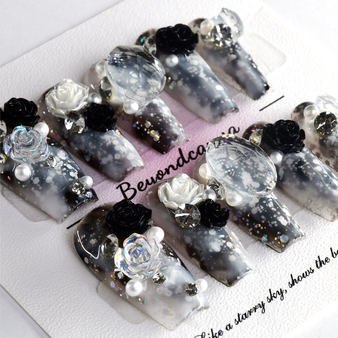 Exquisite Black Acrylic Coffin Long Dark Roses Handmade Press On Nails With Diamonds-BEYONDCANVA