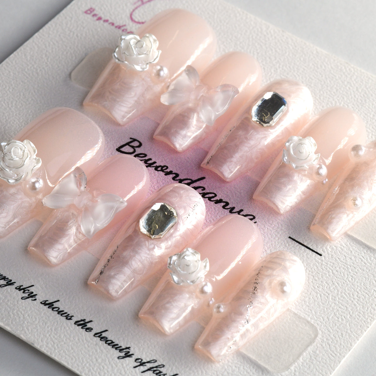 Nude Pink Acrylic Long Coffin Glitter Diamond Handmade Press On Nails BEYONDCANVA