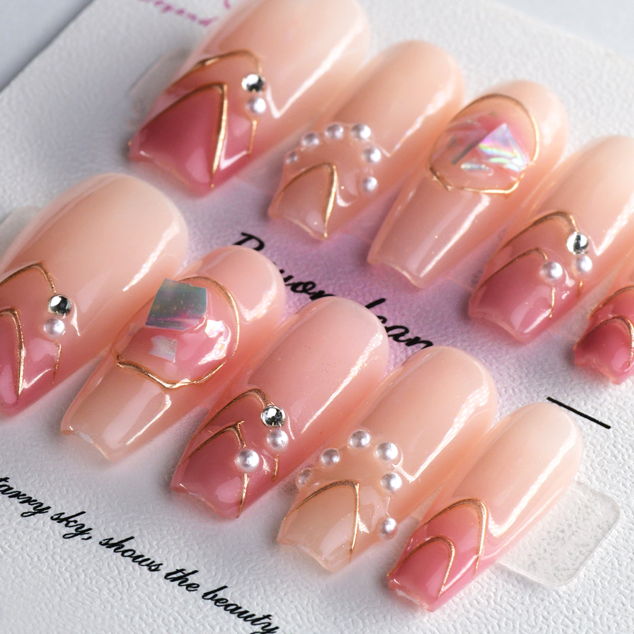 Sparkle Pink Nude Long Coffin Ombre Glossy Handmade Press On Nails With Jewel-BEYONDCANVA 