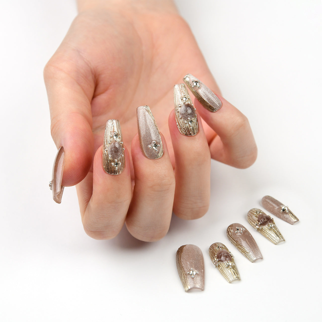 Elegant Gold Acrylic Long Coffin Glitter Diamond Handmade Press On Nails BEYONDCANVA