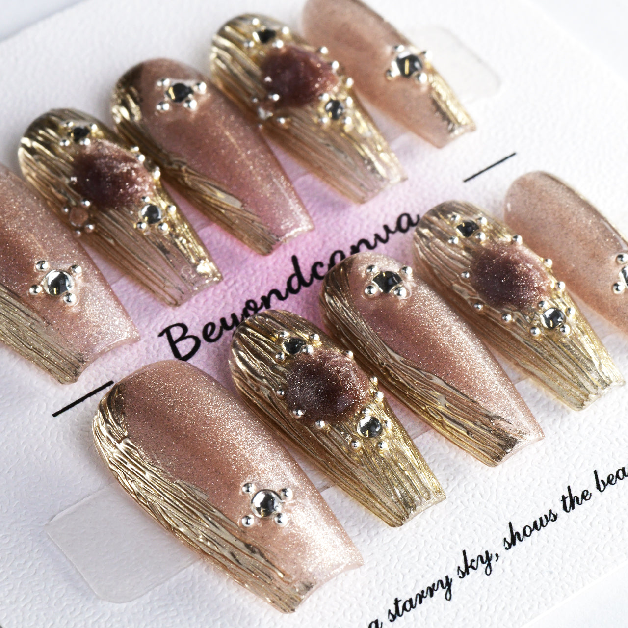 Exquisite Gold Acrylic Long Coffin Glitter Diamond Handmade Press On Nails BEYONDCANVA