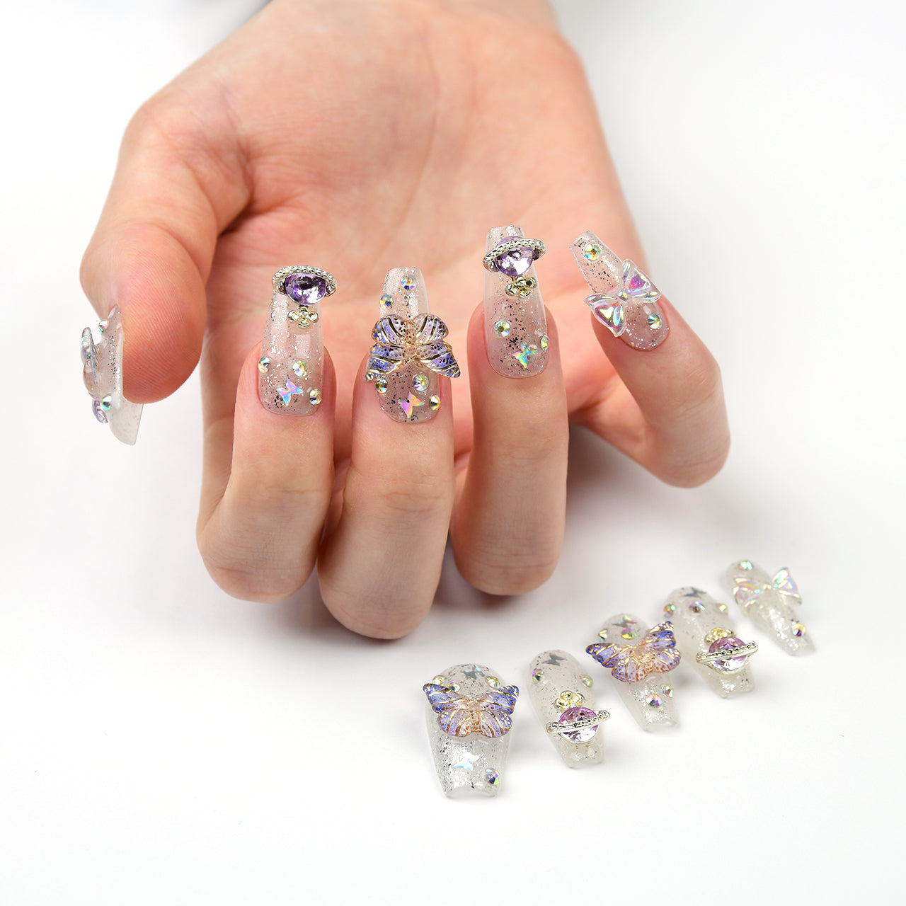 Glossy White Acrylic Coffin Medium Butterfly Press On Nails With Diamonds-BEYONDCANVA