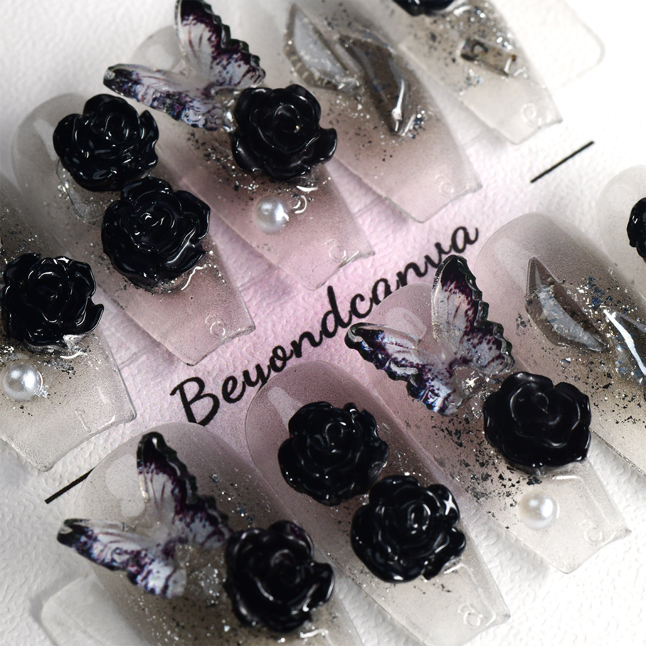 Black Acrylic Long Coffin Butterfly Handmade Press On Nails BEYONDCANVA
