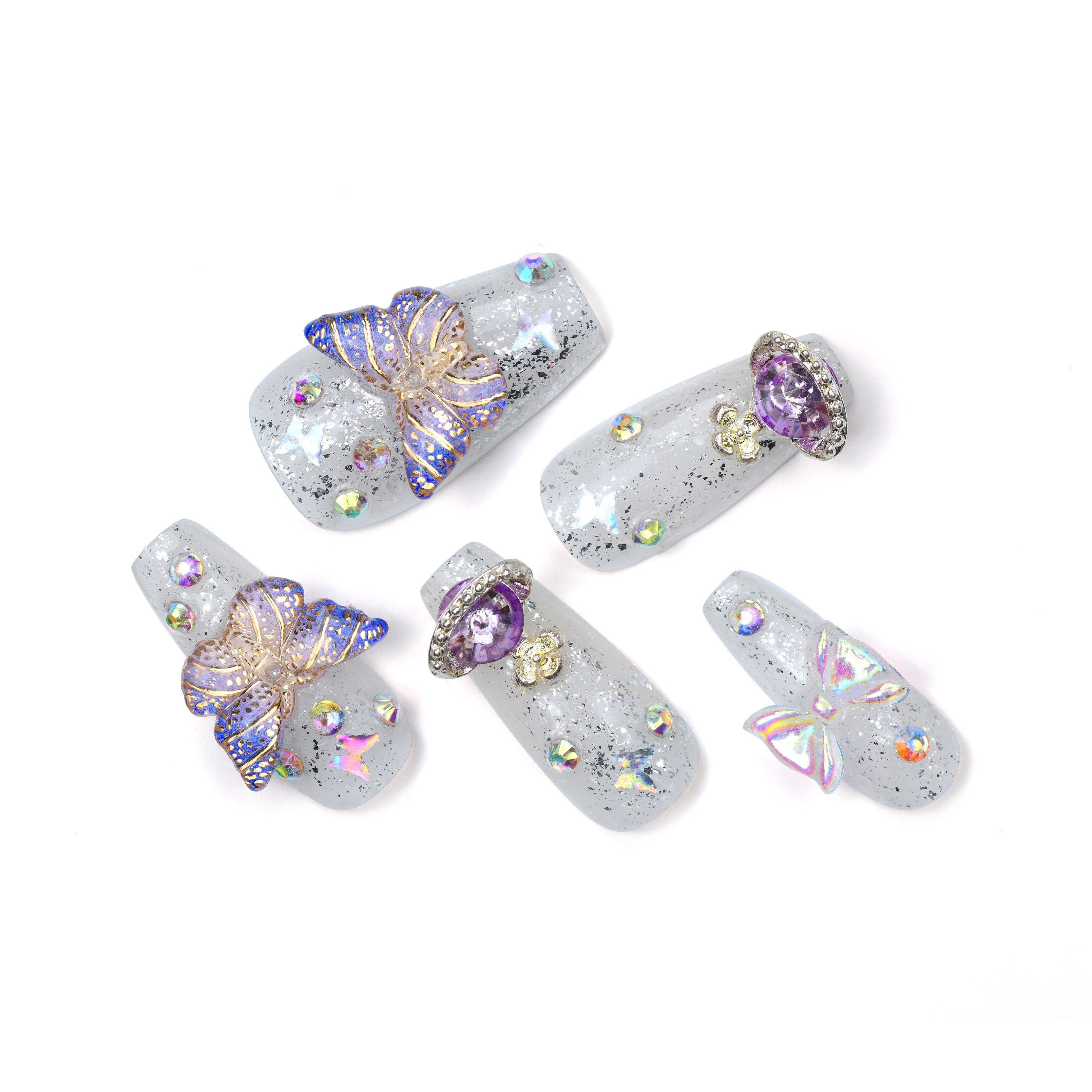 Bling Glossy White Acrylic Coffin Medium Butterfly Press On Nails With Diamonds-BEYONDCANVA