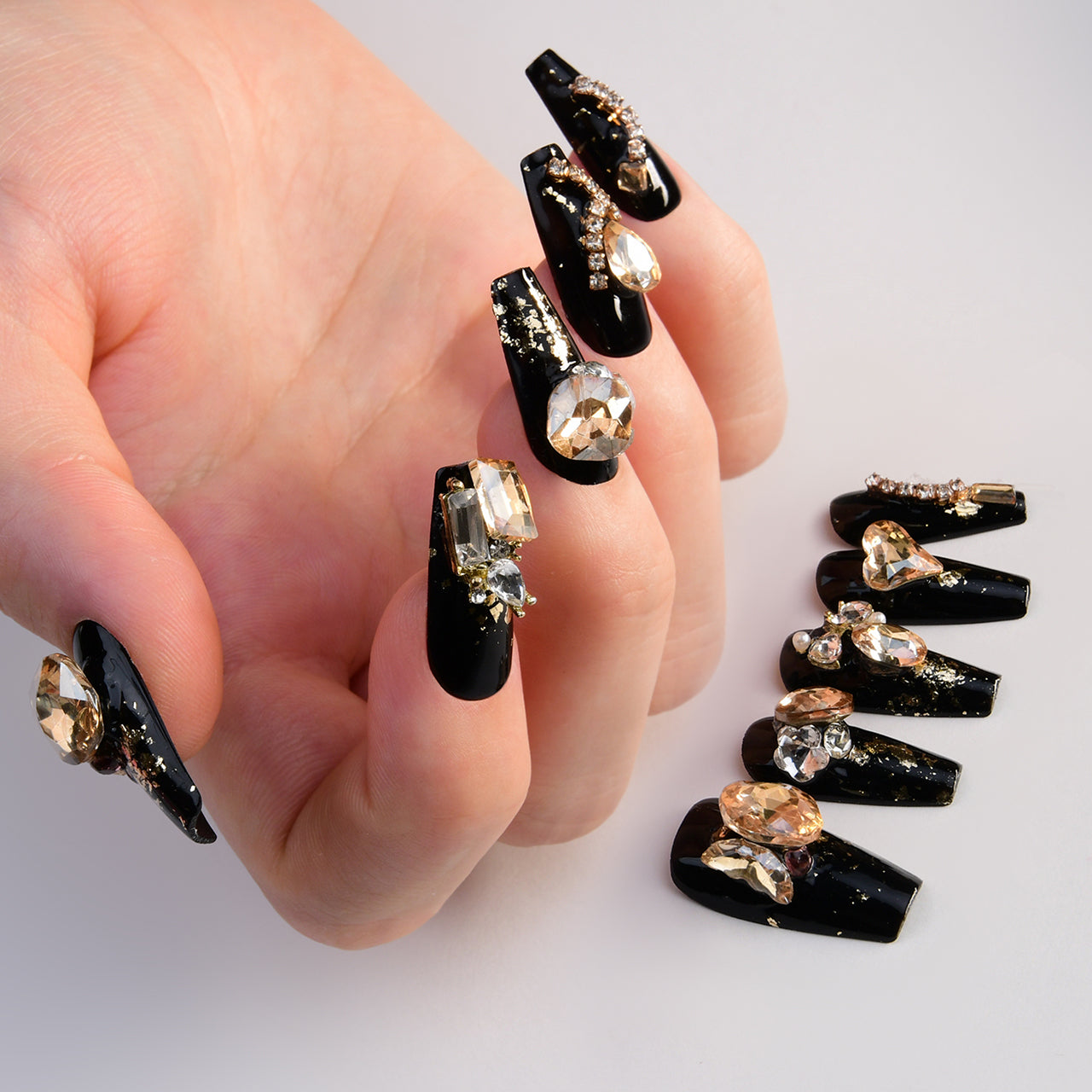 Classy Black Long Coffin Handmade Press On Nails With Rhinestones-BEYONDCANVA