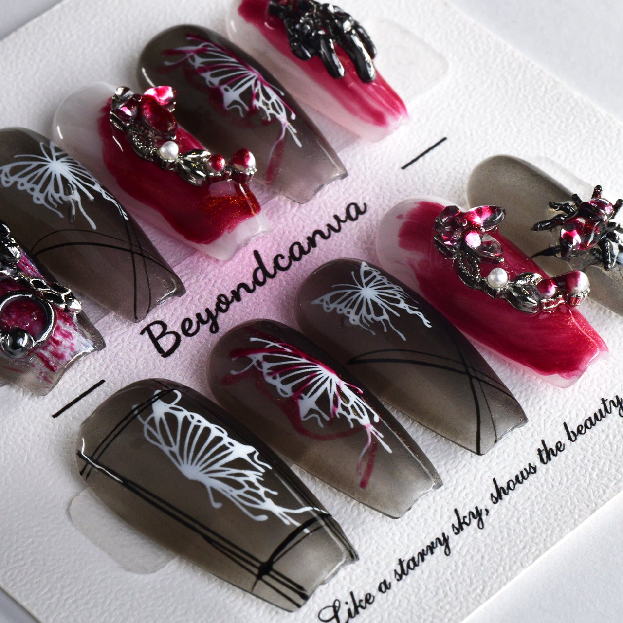 Elegant Red Acrylic Long Coffin Butterfly Handmade Press On Nails With Diamond-BEYONDCANVA