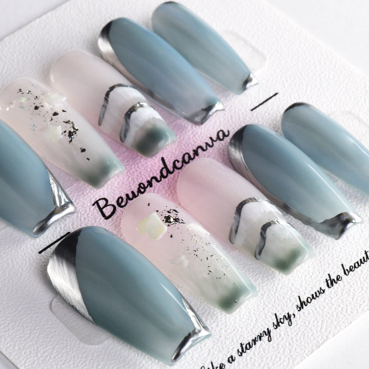 Blue And White Ombre Long Coffin Handmade Press On Nails BEYONDCANVA