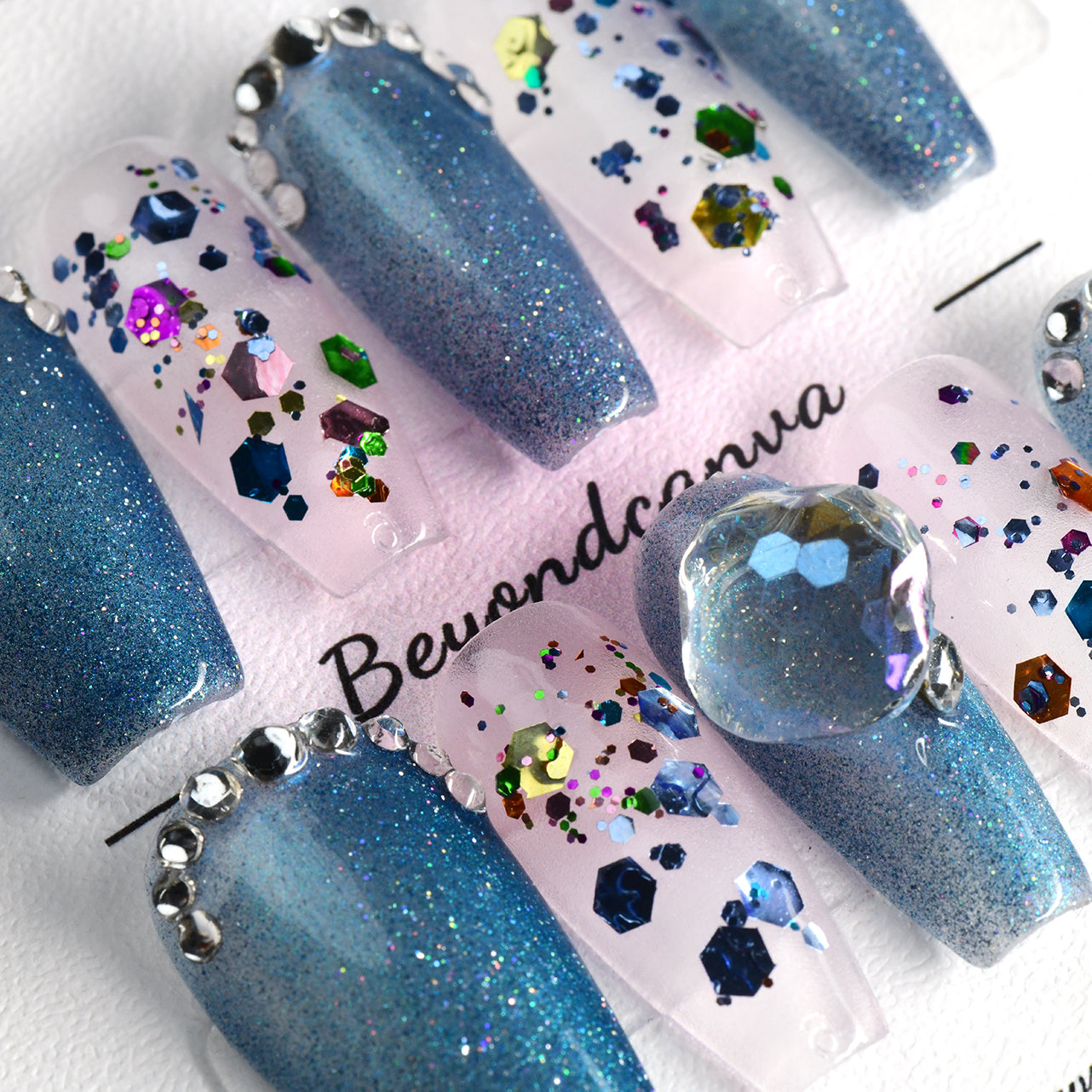 Sparkle Blue Long Coffin Arcylic Handmade Press On Nails With Diamond BEYONDCANVA