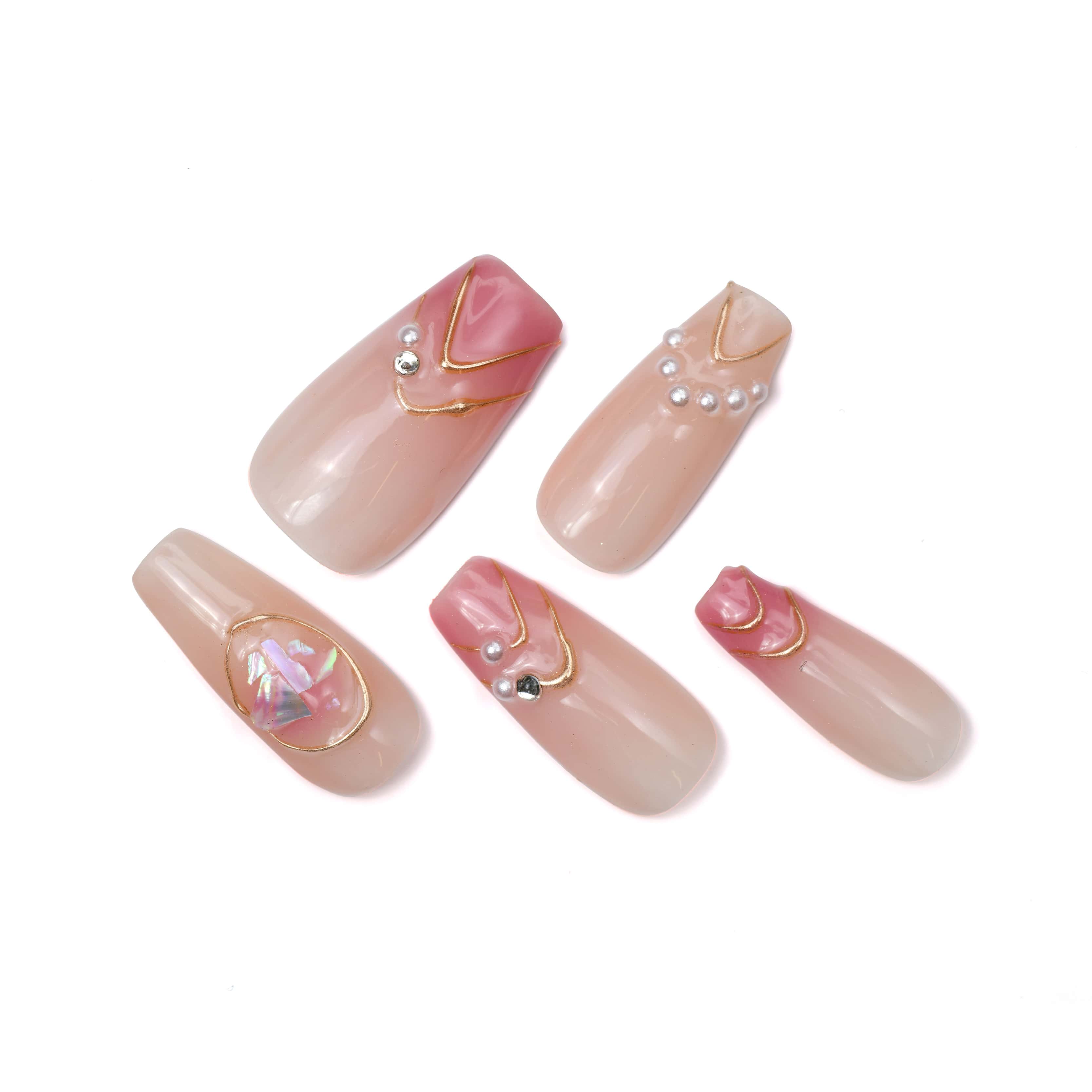 Bling Pink Nude Long Coffin Ombre Glossy Handmade Press On Nails With Jewel-BEYONDCANVA