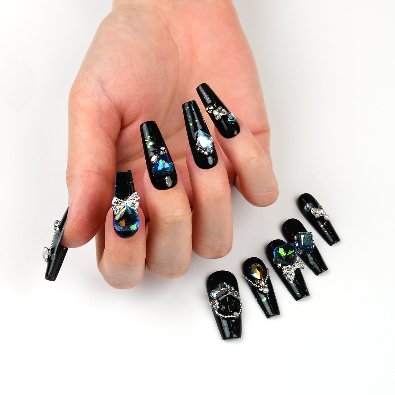 Elegant Black Extra Long Coffin Handmade Press On Nails With Diamond -BEYONDCANVA
