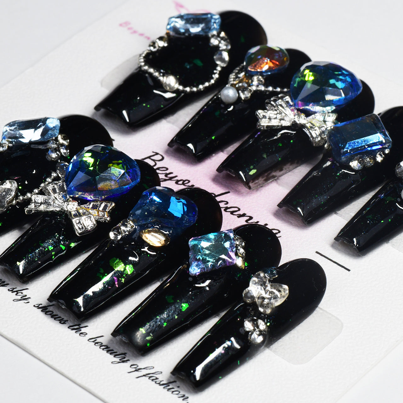Classy Black Extra Long Coffin Handmade Press On Nails With Diamond -BEYONDCANVA
