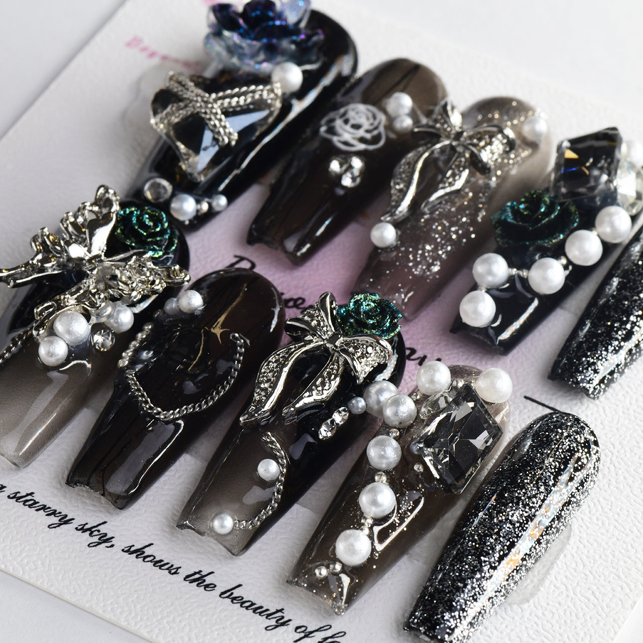 Exquisite Black Acrylic Extra Long Coffin Handmade Press On Nails With Pearls-BEYONDCANVA