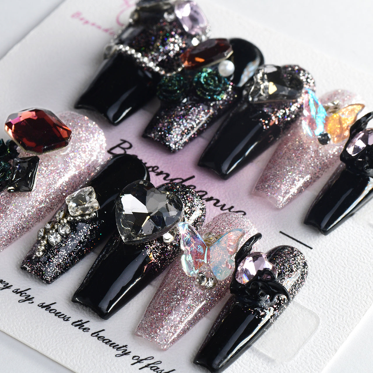 Sparkle Black Acrylic Extra Long Coffin Luxury Handmade Press On Nails BEYONDCANVA