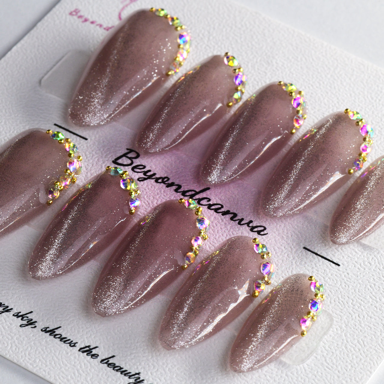 Elegant Pink Long Almond Cat Eyes Handmade Press On Nails With Rhinestones-BEYONDCANVA