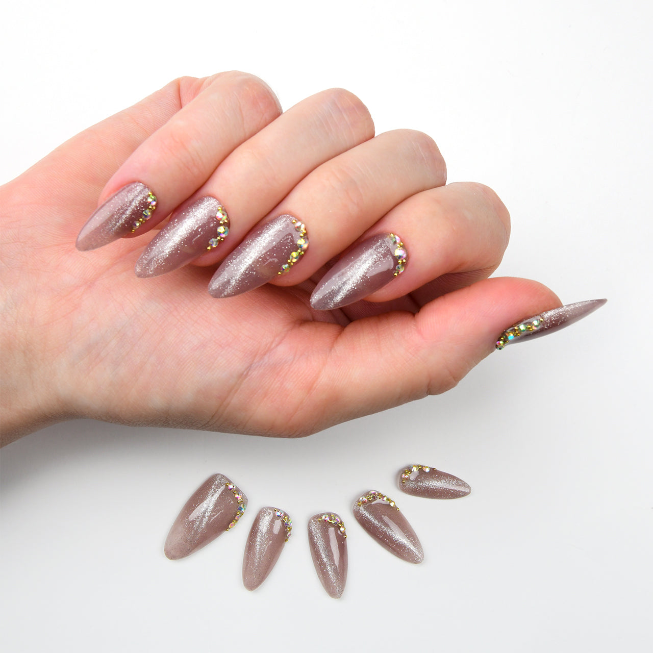 Sparkle Pink Long Almond Cat Eyes Handmade Press On Nails With Rhinestones-BEYONDCANVA