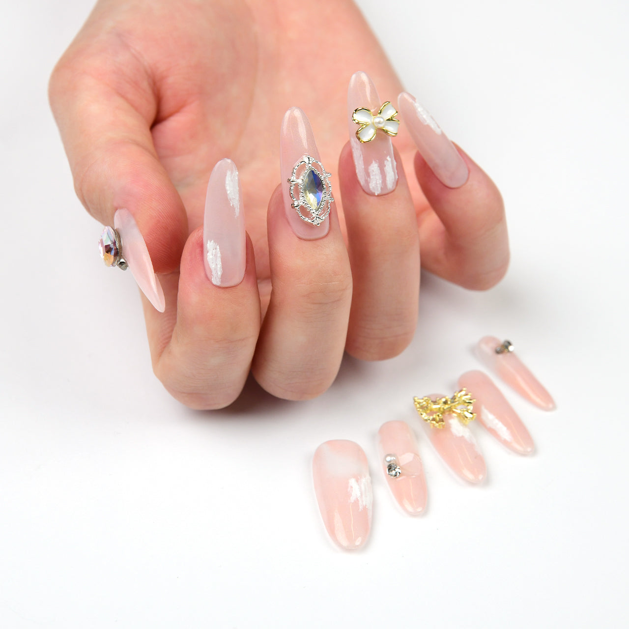 Elegant Pink Acrylic Almond Long Glossy Handmade Press On Nails  BEYONDCANVA