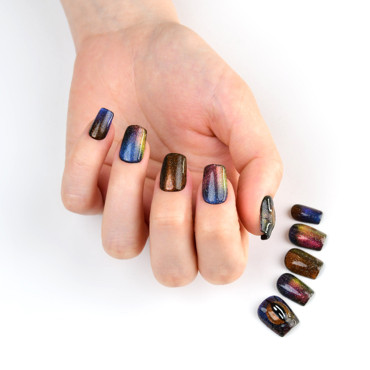 Sparkle Black Short Square Handmade Press On Nails With Cat Eyes-BEYONDCANVA 