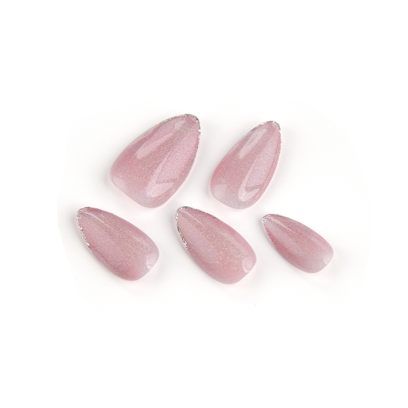 Glossy Pink Acrylic Medium Almond Glitter Solid Handmade Press On Nails BEYONDCANVA