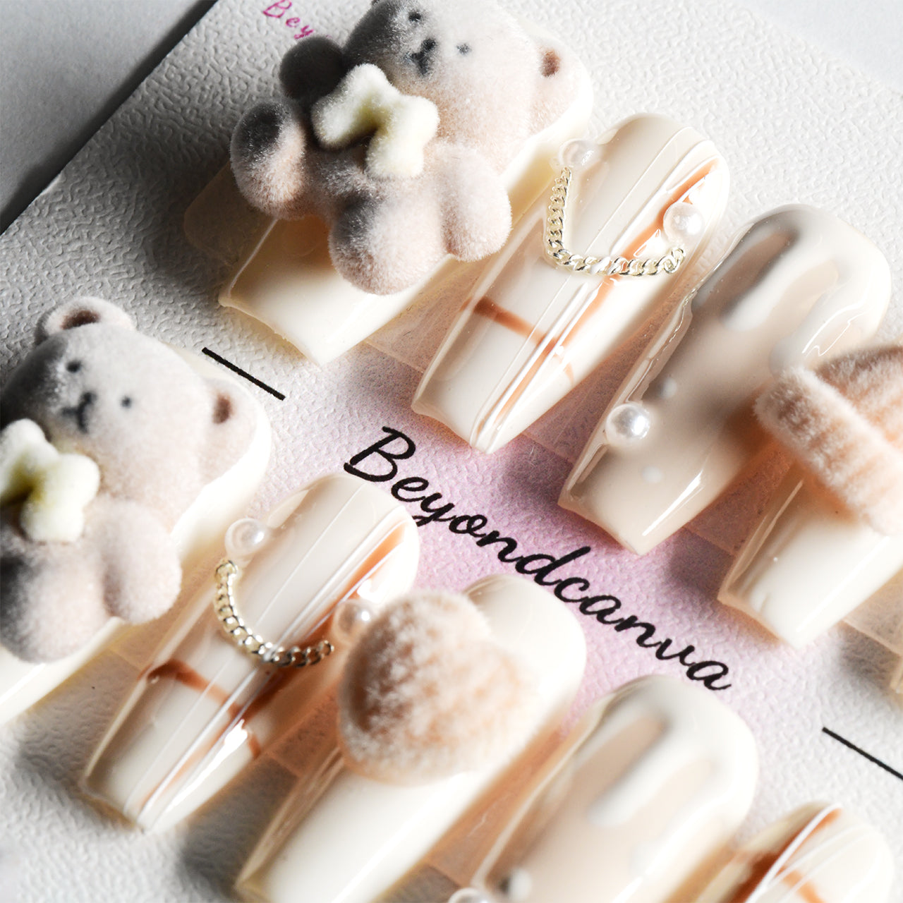 Cute Multi-Color Acrylic Long Coffin Bear Design Handmade Press On Nails BEYONDCANVA